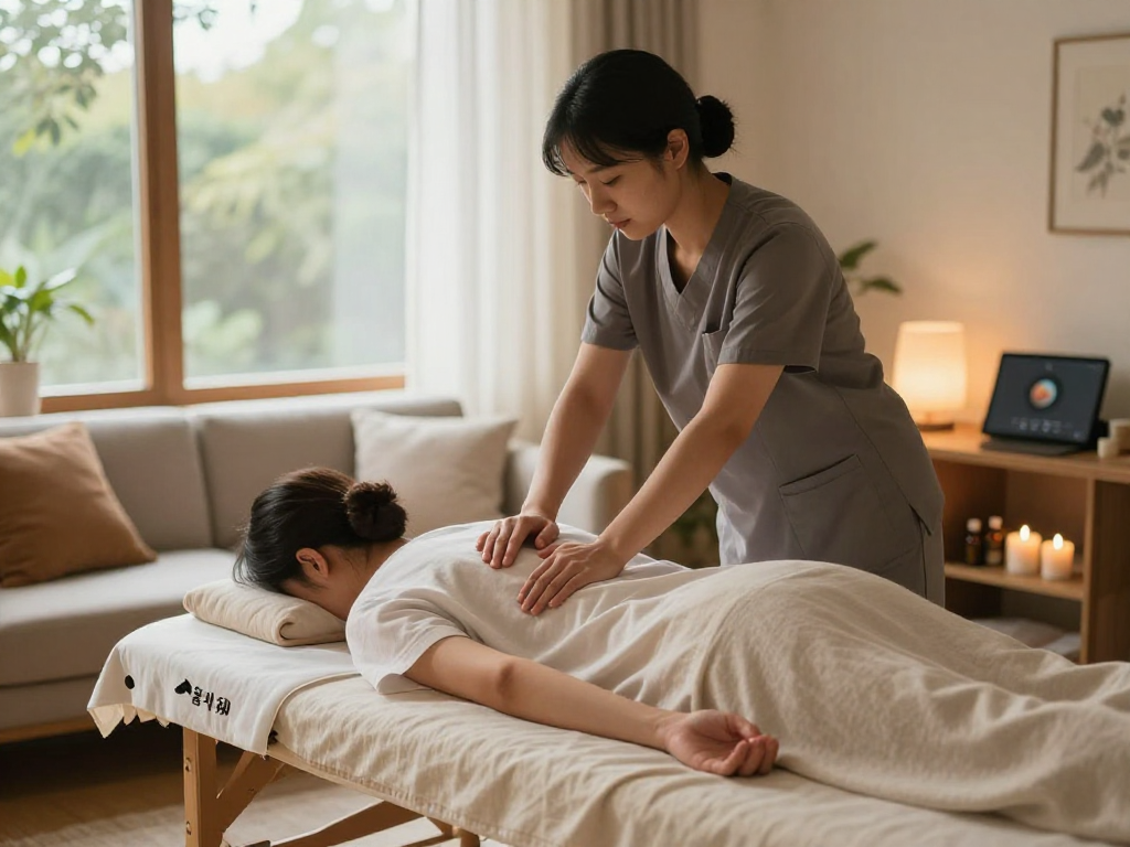 출장마사지 session taking place in a serene home setting with a professional therapist and cozy decor.
