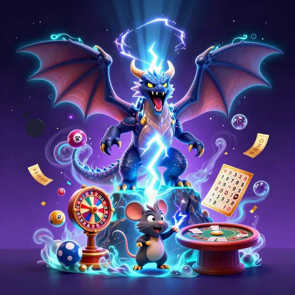 Thunder dragon, wind hawk, and static mouse amid neon casino treasures in a cosmic storm.