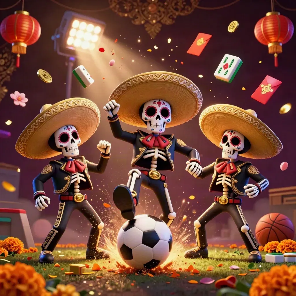 Skeleton mariachi trio kicks a soccer ball amid casino-themed gold and blue effects.