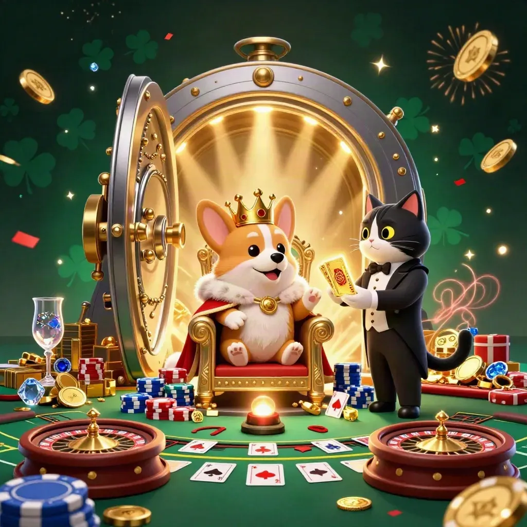 Royal corgi and cat butler in a luxe casino vault, glowing with gold, gems, and confetti.