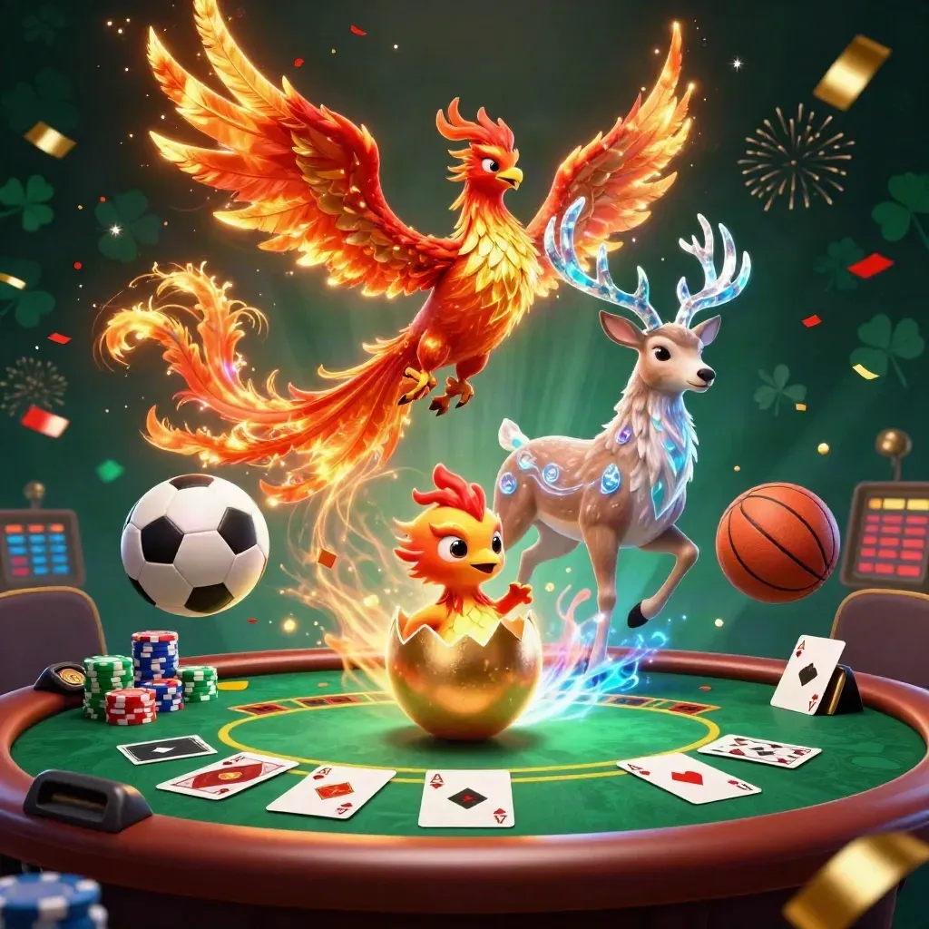 Phoenix, stag, chips, cards, soccer ball, and basketball burst in neon casino light.