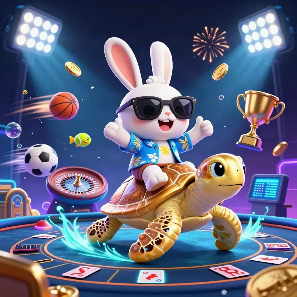 Lucky rabbit rides a golden turtle amid coins, sports balls, fireworks, and casino glows.