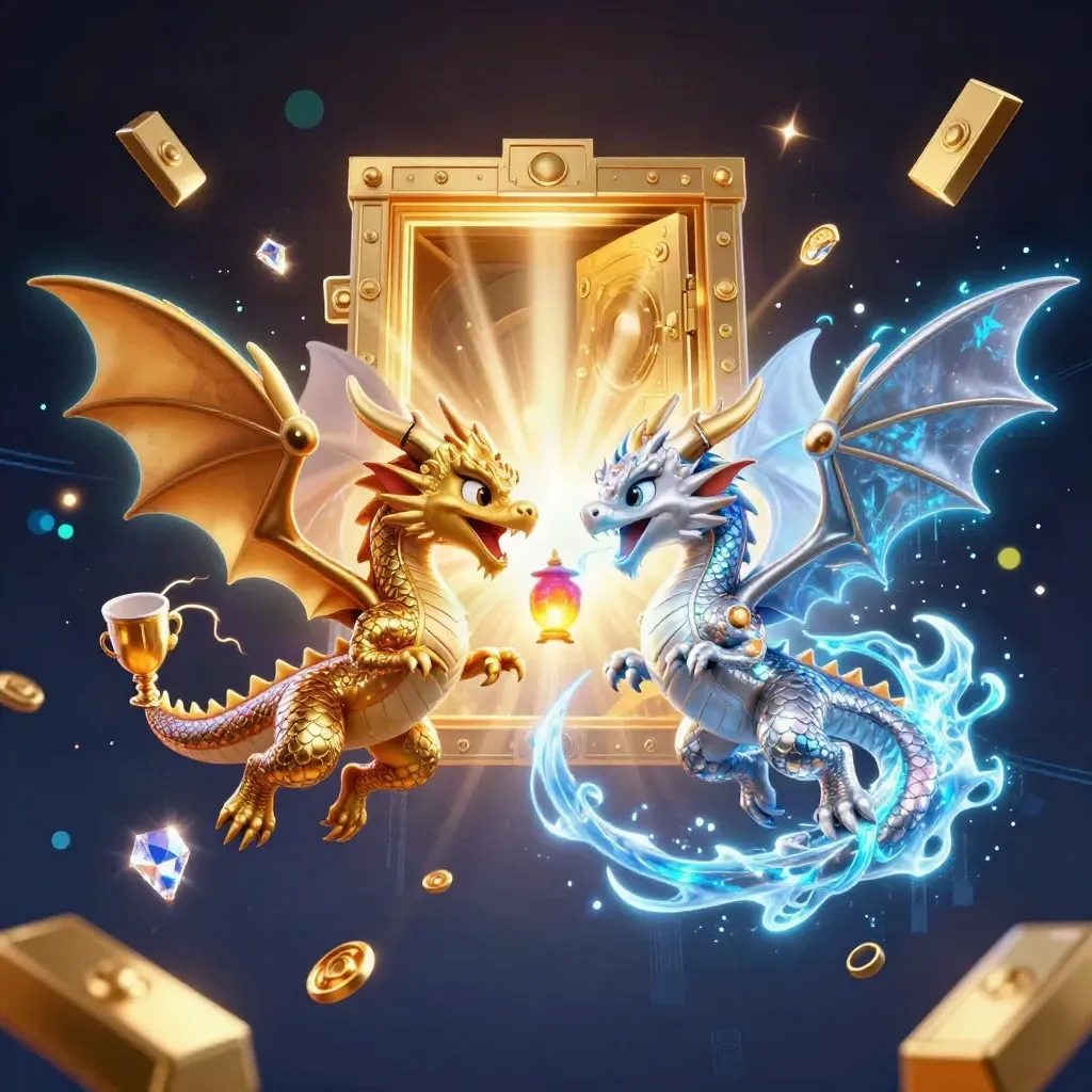 Twin gold and silver dragons battle in a glowing treasure burst with a tiny lantern spirit.