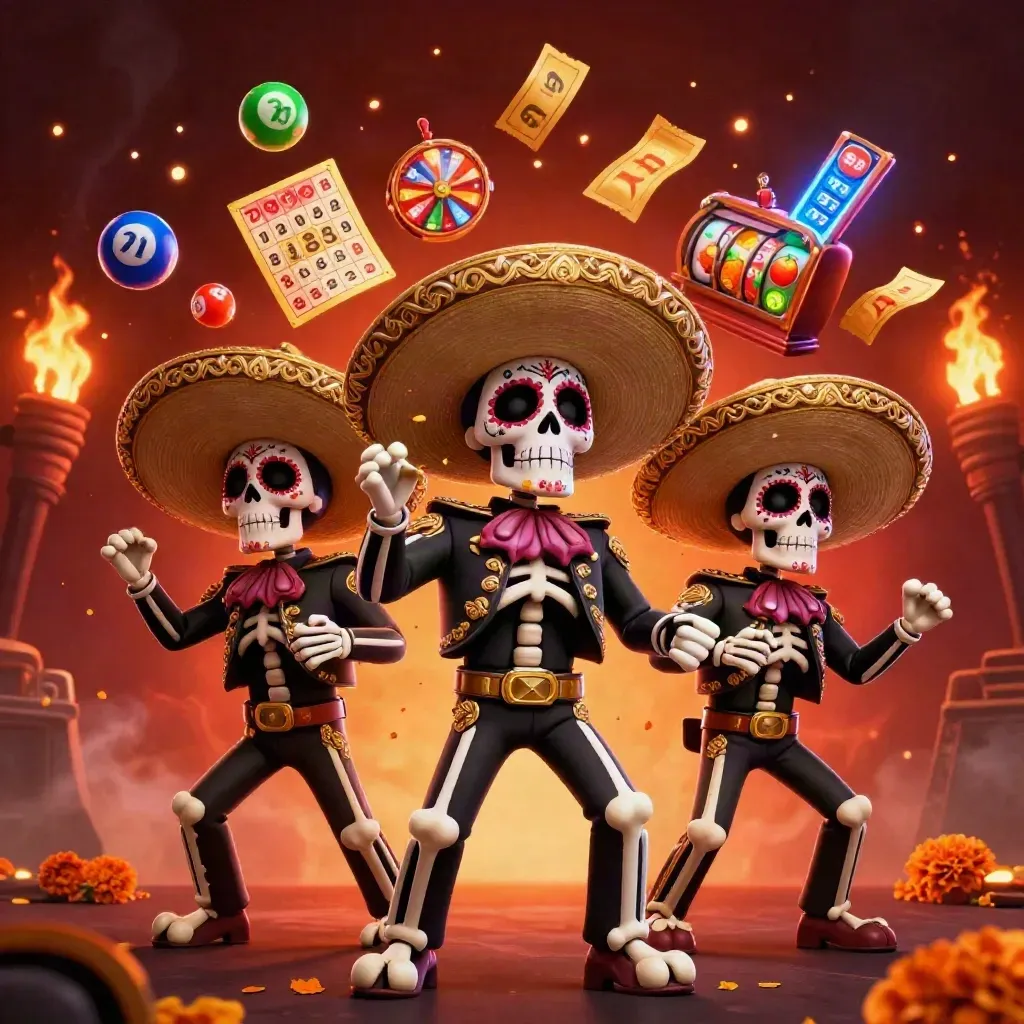 Three skeleton mariachi musicians with casino props on a glowing dark cinematic backdrop.
