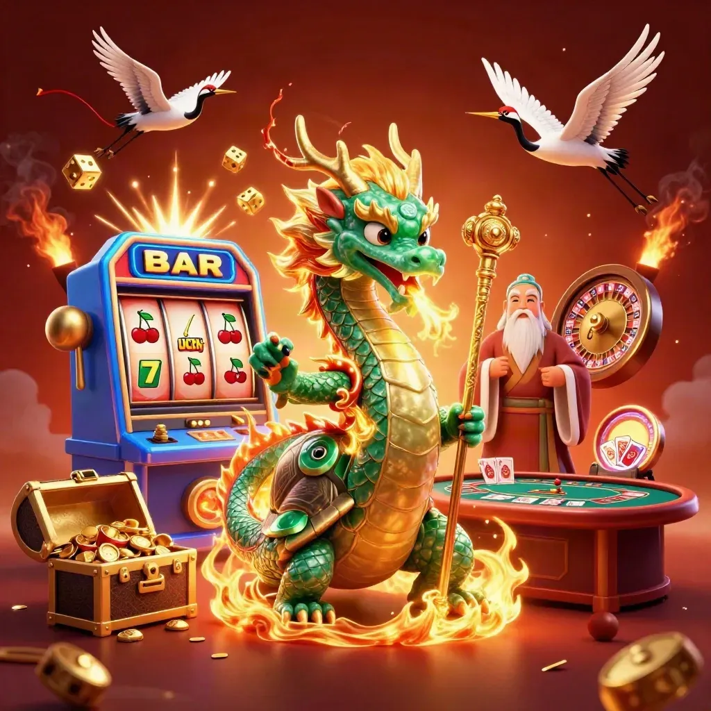 Dragon, turtle sage, cranes, slot machine and coins exploding in a neon casino celebration.
