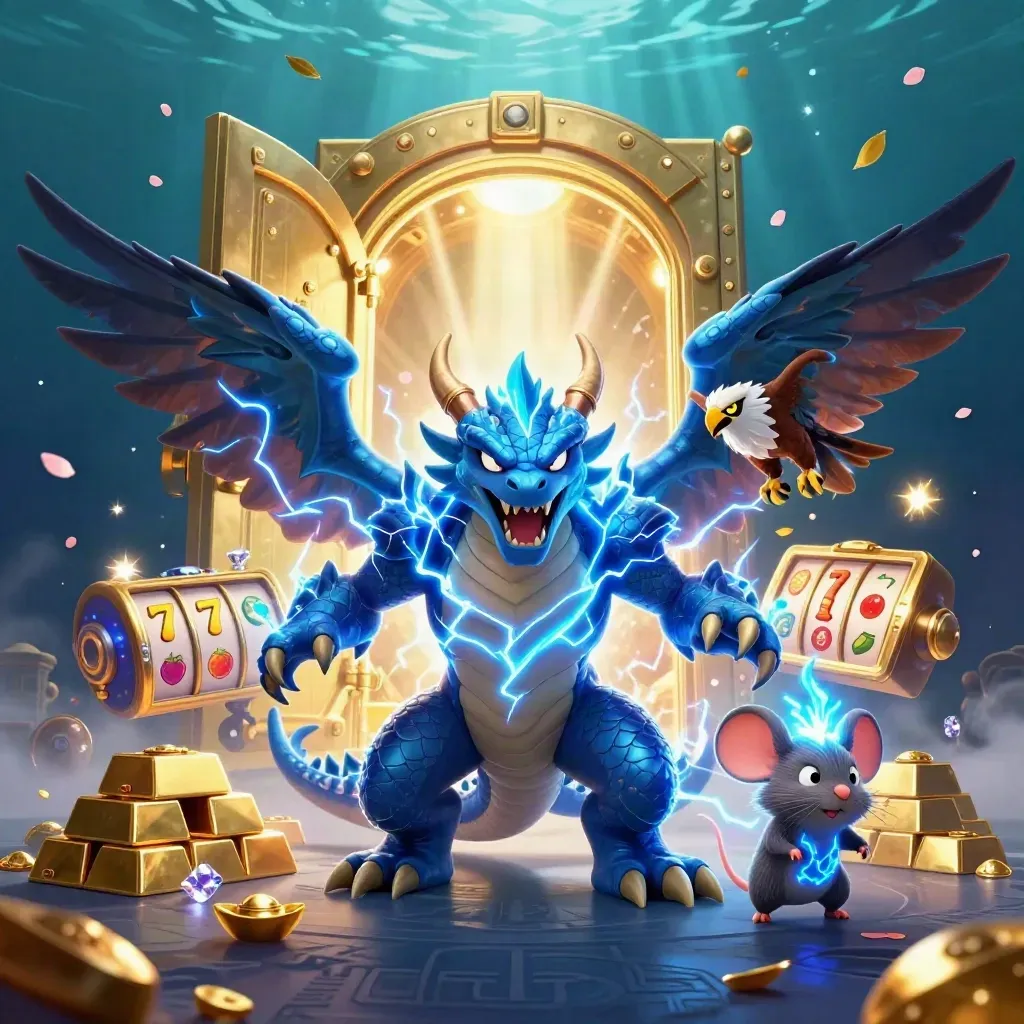 Thunder dragon, hawk and mouse burst from a gold vault amid gems and lightning.
