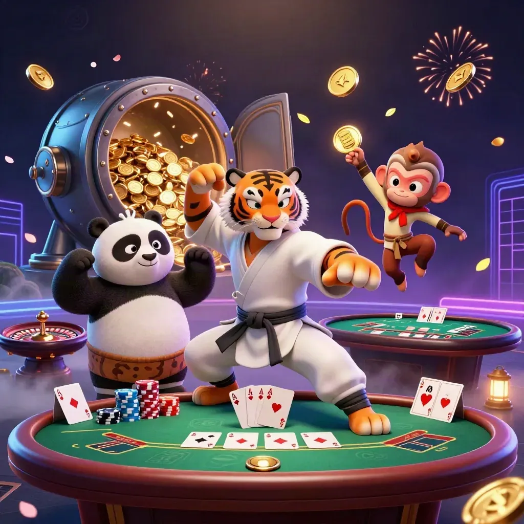 Tiger, panda, and monkey amid chips, coins, cards, and fireworks in a neon casino burst.
